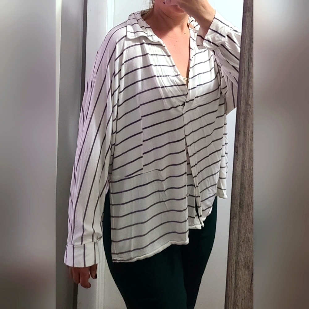We the Free M collared cotton blouse striped baggy boho euc
